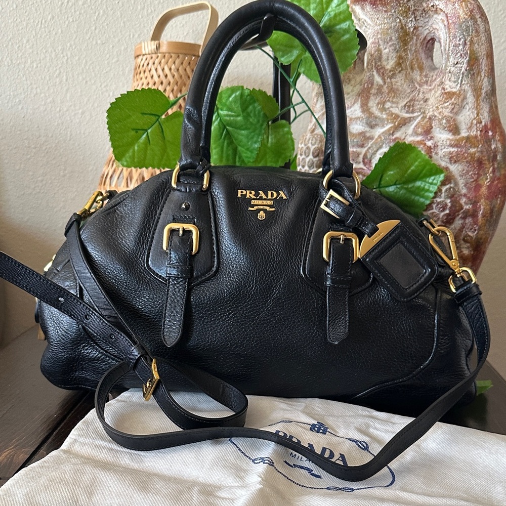 Prada Black Leather Dome Satchel with Gold Hardware